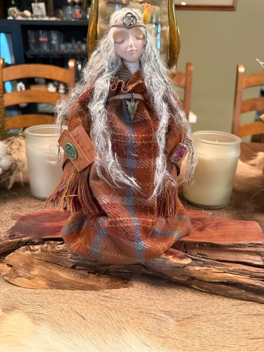 Handcrafted Brown Plaid Folk Art Figurine